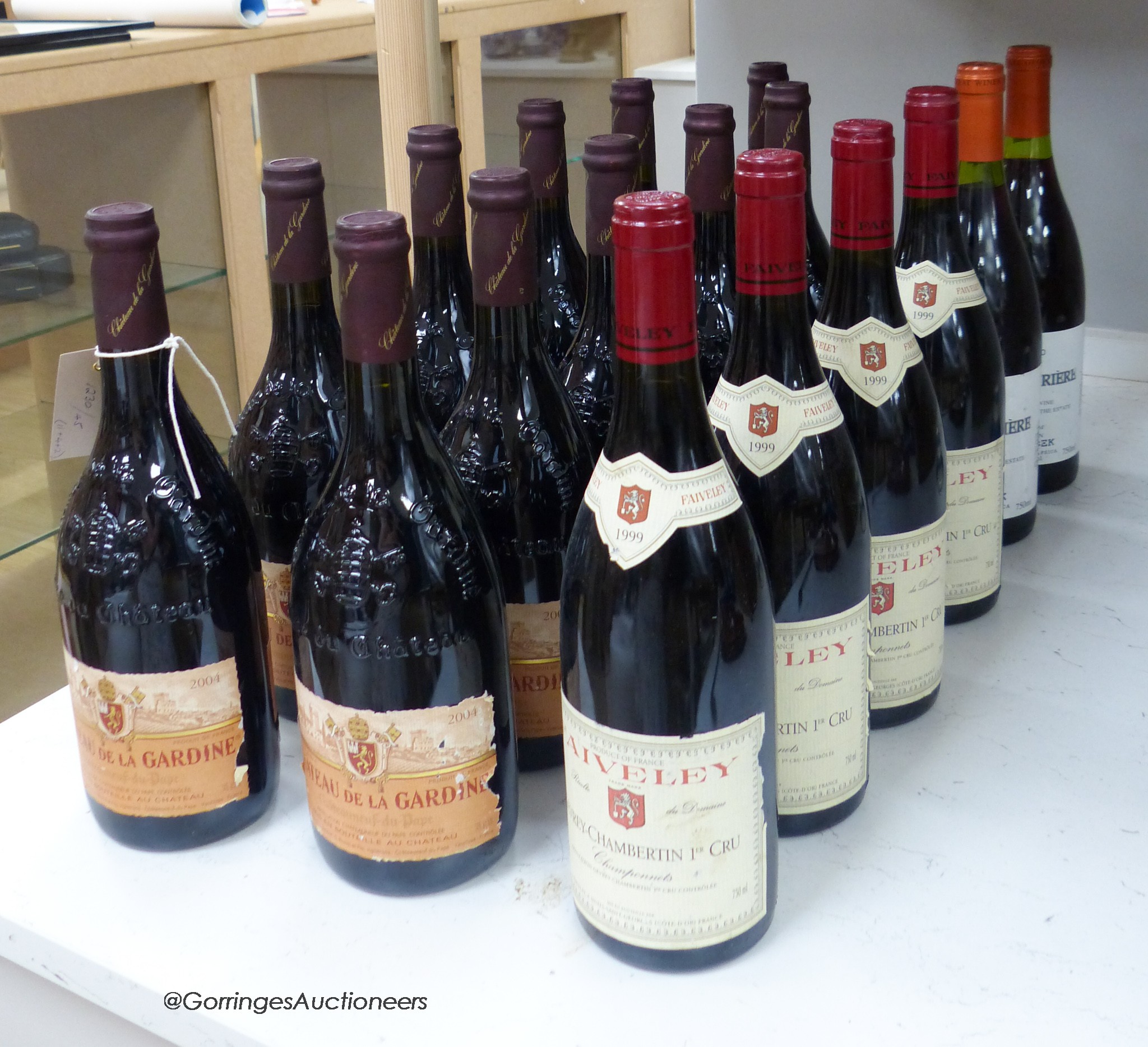 Eleven bottles of Chateau de la Gardine, four bottles of Faiveley Gevrey-Chambertin and two bottles of Haute Cabriere, 2000